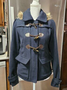 Vintage Y2K Wet Seal Sailor Pea Coat Fur Trim Hooded Womens Small Blue